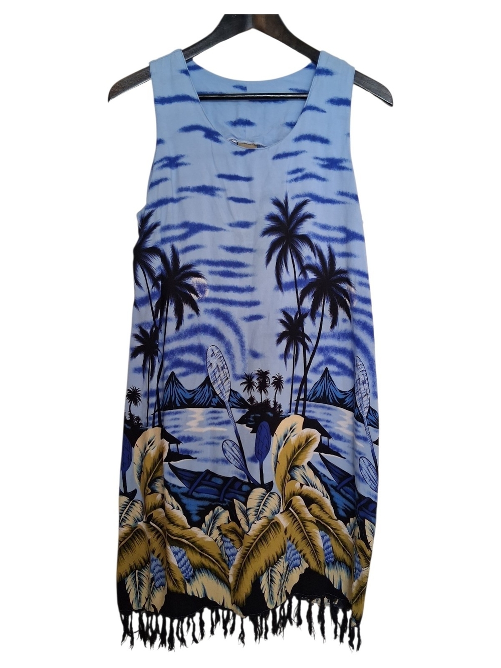 IN GEAR Tropical Island Scene Fringe Hem Dress Cover Up Medium Blue Rayon